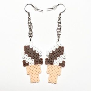 Handmade Mini Perler Bead Brown/White Ice Cream Earrings. New
